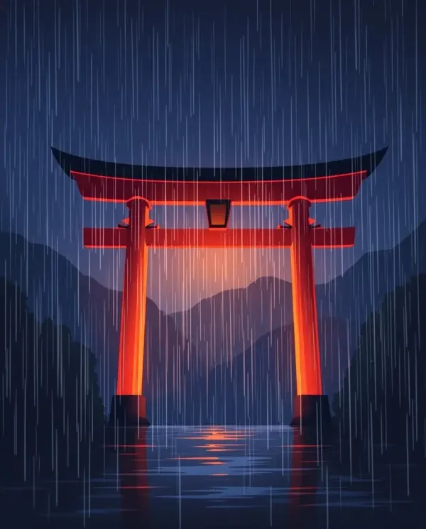 韩国电影表妹动漫频道封面,绛红雨中鸟居对称构图