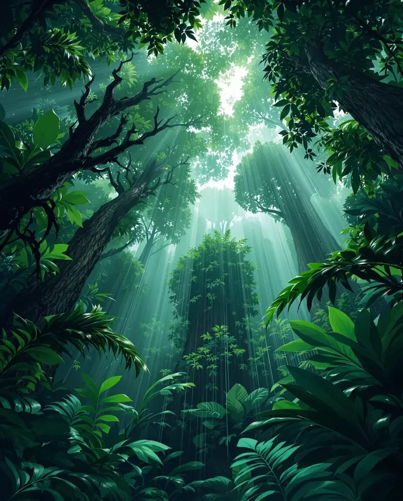 韩国电影表妹纪录片《墨绿雨林》封面,墨绿调湿热午后暴雨下仰望雨林树冠仰拍