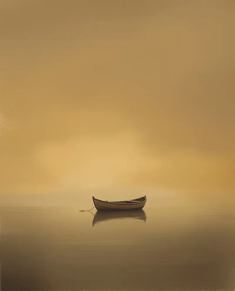 韩国电影表妹电影《雾海归舟》封面，赭黄调薄雾海面孤舟远景